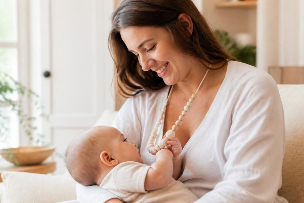découvrez le collier d’allaitement, un accessoire pratique et élégant qui apaise bébé tout en accompagnant maman avec style durant l'allaitement.